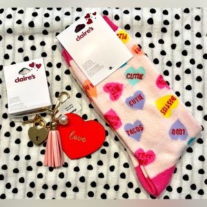 Claire’s Love Keychain & Candy Hearts Socks NWT